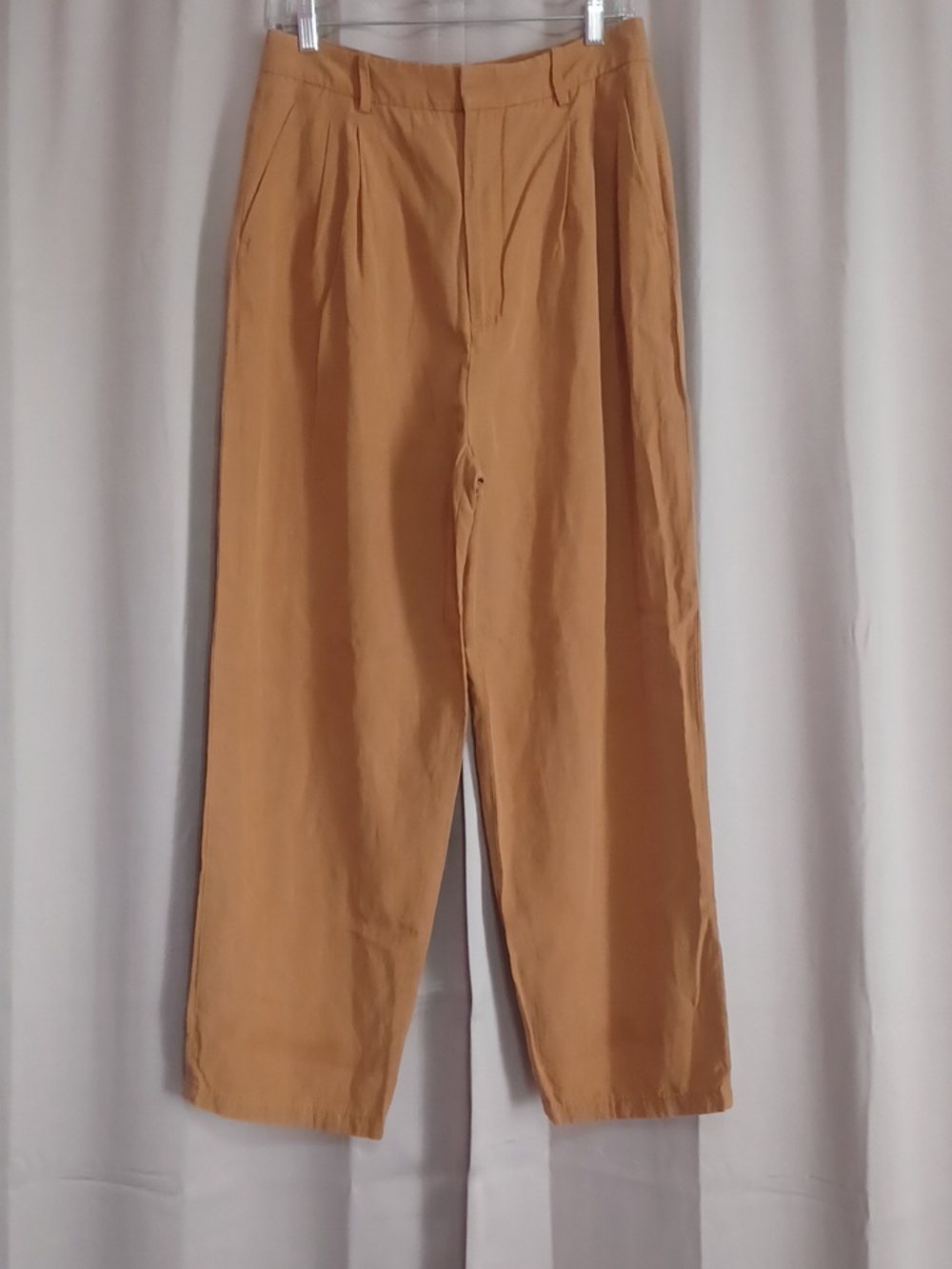 Zara Linen Blend Camel High-Waisted Pleated Front Tapered Trousers Women's M